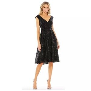 Mac Duggal SEQUINED V NECK CAP SLEEVE DRESS, Black, 68012